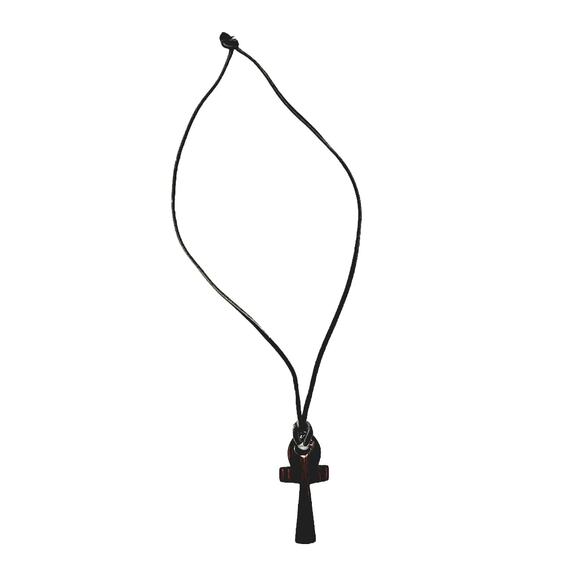 ANKH Brown Carved Wood Ankh 3" on Leather Necklace - Picture 4 of 6